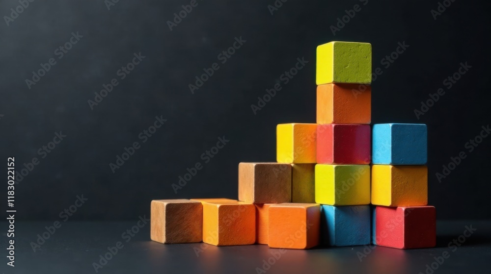 Poster Colorful Wooden Blocks Arranged in Ascending Order on Dark Surface