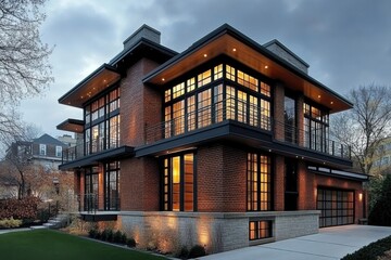 Fototapeta premium Stylish modern architecture featuring a spacious brick house with large windows and a contemporary design surrounded by greenery during twilight