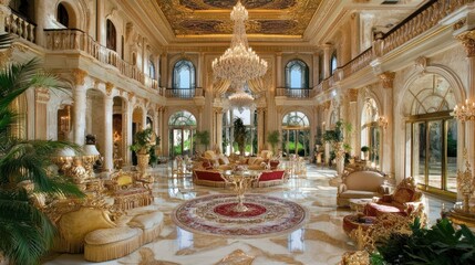 Fototapeta premium Luxury office interior, marble flooring, high-end furniture, and chandeliers, 