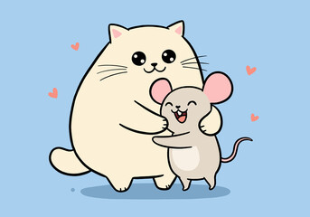Happy fat cat hugging mouse friend with lots of love doodle drawing