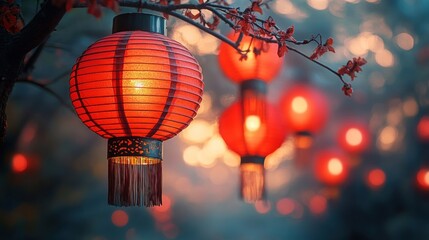 Obraz premium Glowing Red Lanterns Hanging on a Branch during Dusk