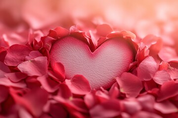 Obraz premium Heart Shaped Object Surrounded by Soft Pink Petals Creates a Cozy Romantic Atmosphere for Valentine's Day Celebrations and Love-Themed Projects