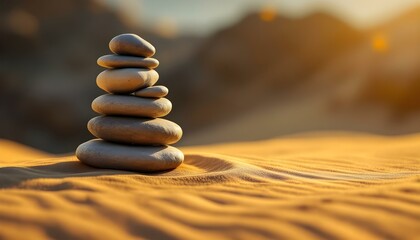 Obraz premium zen, stones, stacked, tower, sand, dunes, golden, balance, serene, tranquil, harmony, nature, peaceful, meditative, scenic, outdoors, natural, calm, alignment, symmetry, mindfulness, picturesque,