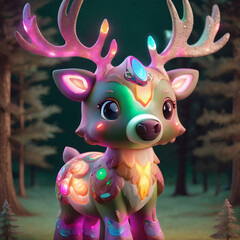 3D deer with glowing, colorful antlers on a plain forest green background, highly detailed.