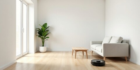 Modern minimalist living room with hardwood floors, sofa, plant, and robotic vacuum cleaner