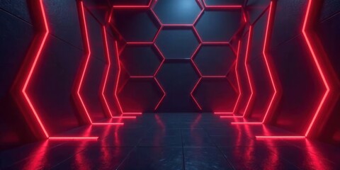 Abstract Futuristic Corridor with Red Neon Lighting and Hexagonal Panels