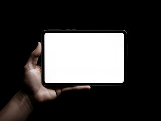Hand holding tablet with blank screen, Tablet with blank white screen against black background, Ideal for technology or digital content mockups, Generative AI