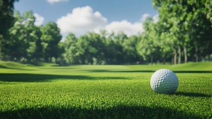 Golf ball rests on lush green grass, trees blurred in background. Perfect for websites, brochures, or golf-related projects.