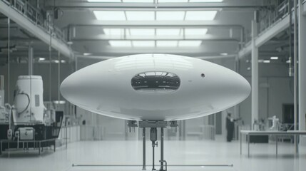Fototapeta premium Futuristic White Flying Object in High-Tech Laboratory Setting with Bright Natural Light and Advanced Equipment