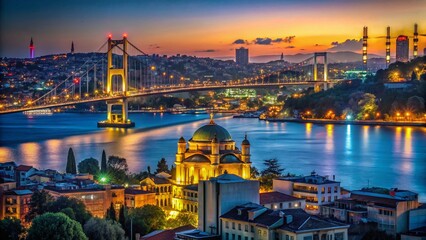 Fototapeta premium Istanbul Night Photography: Bosporus Bridge & Camlica Hill from Ortakoy