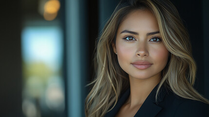 Obraz premium Beautiful woman poses confidently in a modern indoor setting with soft natural light