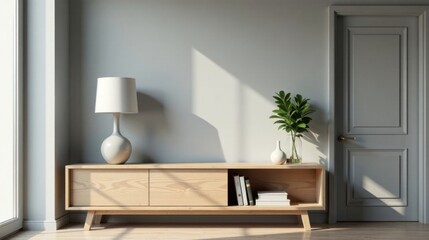 Modern Minimalist Living Room Interior Design with Wooden Media Console