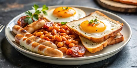 Hearty breakfast plate featuring fried eggs, grilled sausages, baked beans, and toasted bread