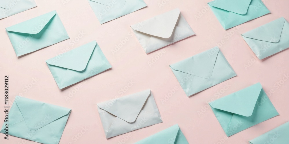 Poster Pastel Envelopes Arranged in a Repetitive Pattern on a Soft Pink Background
