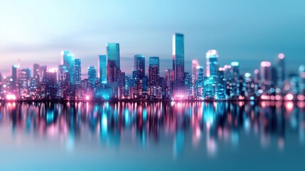 Fototapeta premium Futuristic city skyline at dusk with vibrant reflections