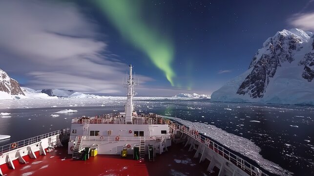 The Antarctic Aurora: A Natural Light Phenomenon Displaying Dynamic Patterns of Brilliant Colors in the Southern Sky.  