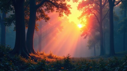 Golden Sunrise Rays Illuminating a Misty Forest Scene