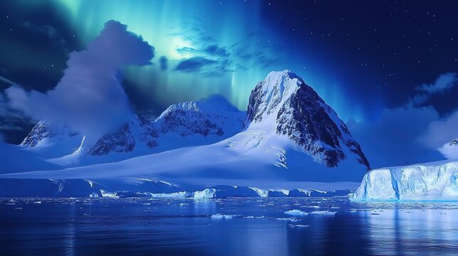 The Antarctic Aurora: A Natural Light Phenomenon Displaying Dynamic Patterns of Brilliant Colors in the Southern Sky.  