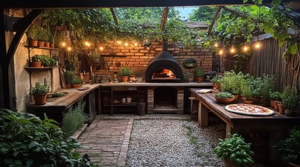 Obraz premium Outdoor kitchen with pizza oven, herbs, and string lights.