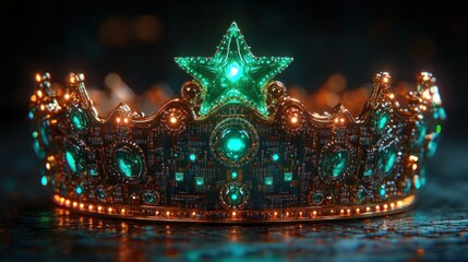 A detailed crown adorned with emeralds and a star, showcasing intricate design and craftsmanship.