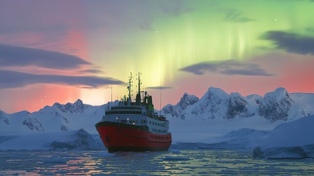 The Antarctic Aurora: A Natural Light Phenomenon Displaying Dynamic Patterns of Brilliant Colors in the Southern Sky.  
