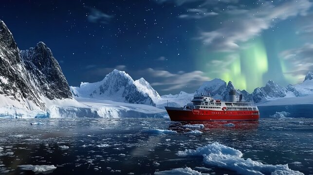 The Antarctic Aurora: A Natural Light Phenomenon Displaying Dynamic Patterns of Brilliant Colors in the Southern Sky.  