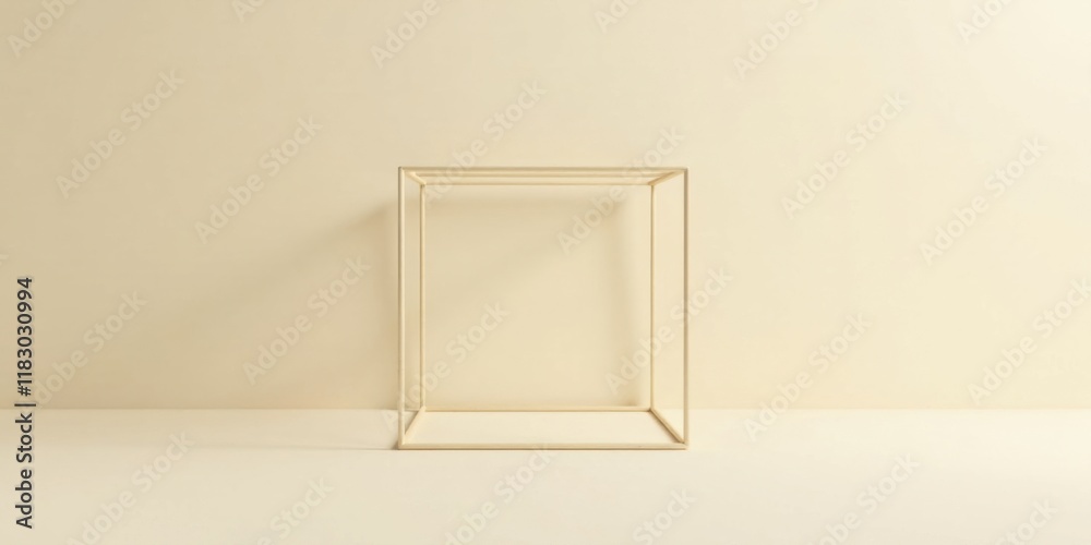 Poster minimalist cream-colored wireframe cube on a neutral background
