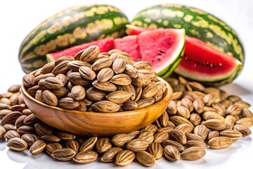 Naklejka premium A close-up image of watermelon slices in a wooden bowl alongside a whole watermelon and a bowl filled with watermelon seeds on a white background