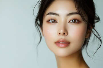 Naklejka premium Asian woman's skincare portrait for cosmetic promotions.