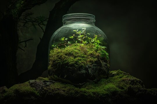 Lush Green Plants and Moss Inside Glass Jar in Dark Forest Environment Highlighting the Beauty of Nature's Ecosystem and Growth in Tranquil Setting