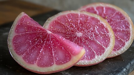 Delicate Slices of Pink Citrus Fruit with a Glossy Finish Displayed on a Dark Slate Surface, Highlighting the Juicy Texture and Natural Colors of Fresh Produce