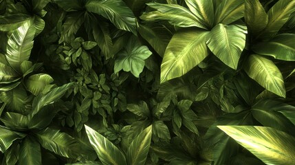 Lush Green Tropical Foliage Overhead View Showcasing A Dense Layer of Vibrant Leaves Creating A Natural Canopy Perfect for Nature-Related Themes
