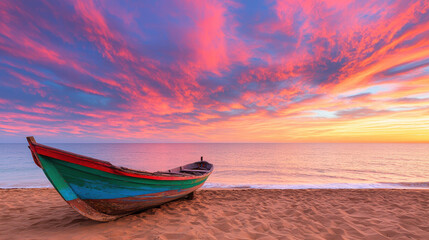 Fototapeta premium A vibrant sunset casts colorful hues over a serene beach, featuring a wooden boat resting on the sand, creating a tranquil coastal scene.