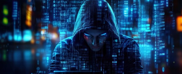 Hacker in Dark Hoodie Cybersecurity Vulnerability Log4J Floating Data Streams and Binary Code in Futuristic Cyberpunk Environment