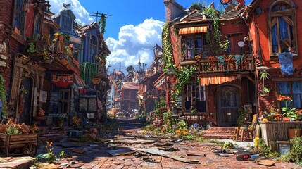 Fototapeta premium Abandoned Village With Overgrown Plants Under Bright Blue Skies and Fluffy Clouds