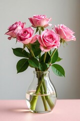 Fototapeta premium A small bunch of pink roses in a vase with green leaves and stems, vase arrangements, flower vases, springtime flowers