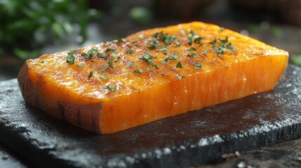 Grilled Slice of Butternut Squash with Fresh Herbs on Dark Slate Background Highlighting Colorful Texture and Culinary Appeal for Healthy Eating