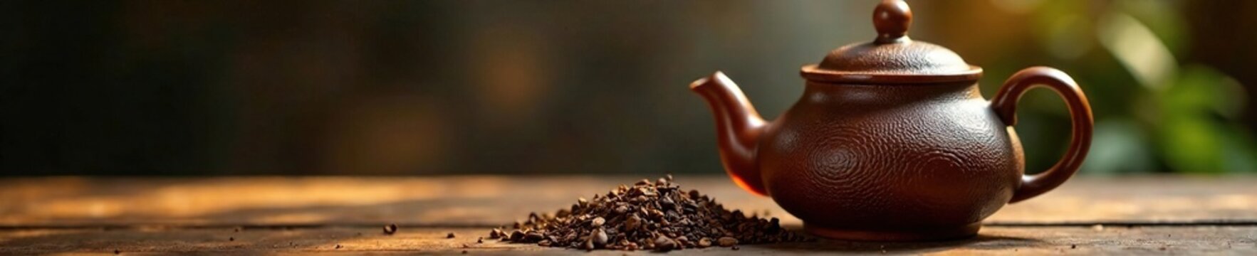 A teapot overflowing with rich brown tea leaves, natural fiber, overflowing teapot