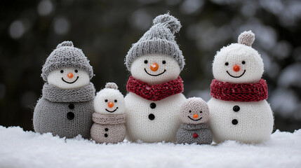 Cheerful family of snowmen bundled in oversized scarves during a winter celebration in a snowy landscape