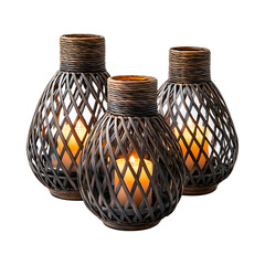 Handwoven Wicker Lanterns with Lit Candles Isolated on Transparent Background