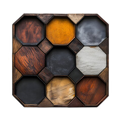 Hexagonal Wooden Platter with Segmented Colored Areas Isolated on Transparent Background