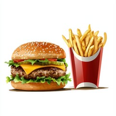 a cheeseburger with fries, American cuisine, cartoon flat design, bright colors, isolated on white background