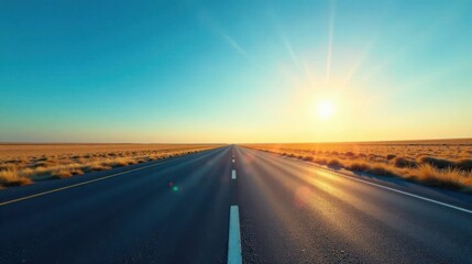 Endless Asphalt Road at Sunset, A Journey of Freedom and Open Horizons