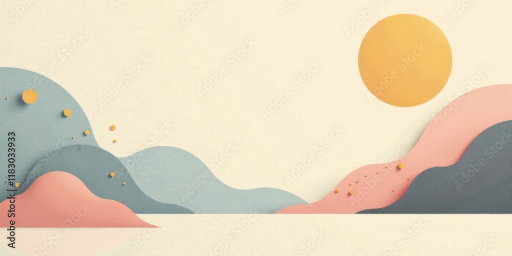 Poster abstract pastel landscape with floating shapes and a large sun