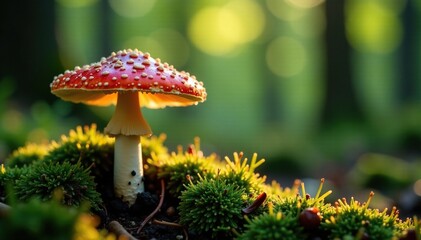 Cap stem and volva of death cap mushroom in landscape, fungi, forest