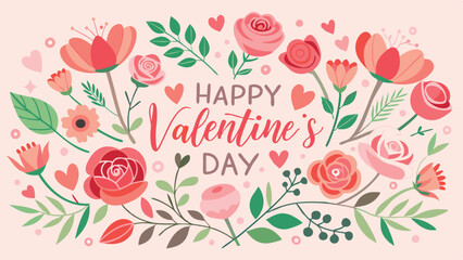Floral Valentines Day Banner with Elegant Happy Valentine Day Text and Romantic Botanical Decorations