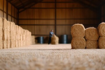 A barn interior filled with hay and a farmer stacking it, warm earthy tones, rustic details