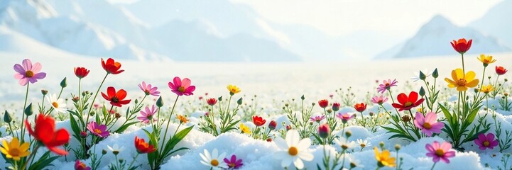 Fototapeta premium Colorful wildflowers scattered on a snow-covered field, isolated flowers, countryside, nature