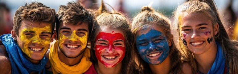 A large diverse group of young friends and students smiling laughing and celebrating together at a vibrant colorful festival or campus event  The image captures a sense of unity camaraderie