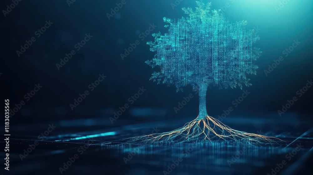 Poster A conceptual data tree with roots entangled in code, depicting the vulnerability of digital ecosystems